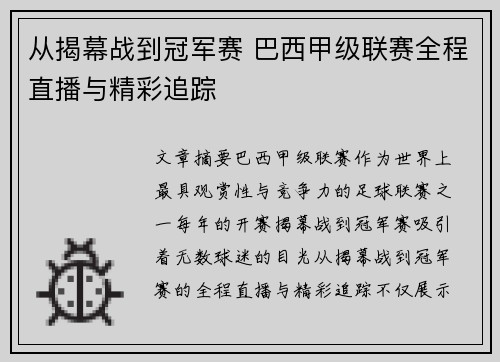 从揭幕战到冠军赛 巴西甲级联赛全程直播与精彩追踪