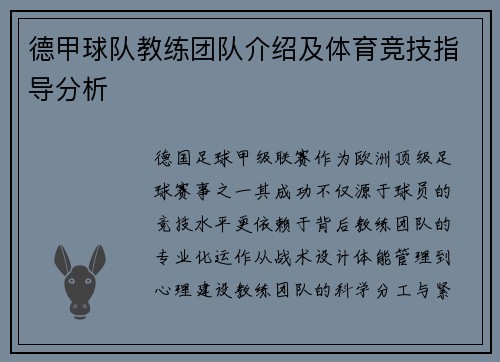 德甲球队教练团队介绍及体育竞技指导分析